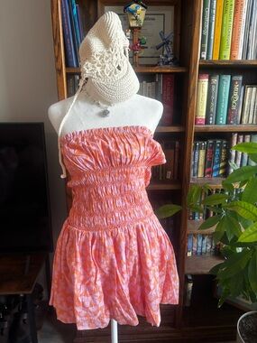 Free People Coral and Pink Strapless Smocked Mini Dress